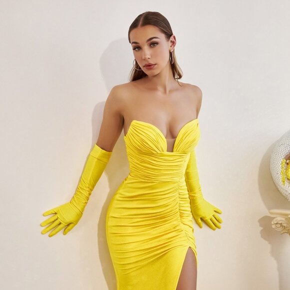 NEW LONG STRETCH SHEATH THE SHOULDER SLEEVELESS GOWN WITH GLOVES & GLITTER CD889